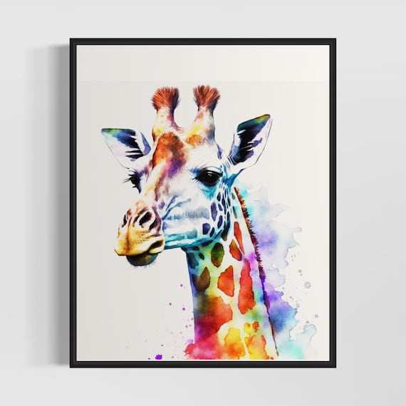 Colorful Giraffe Head Rainbow Watercolor Portrait Art Poster