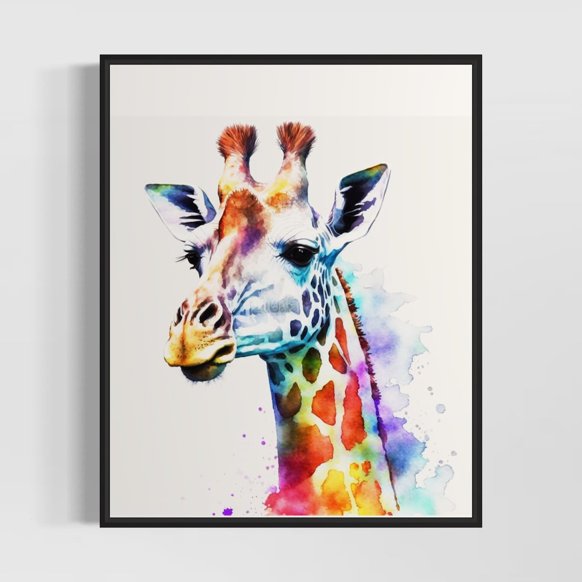 Colorful Giraffe Head Rainbow Watercolor Portrait Art Poster