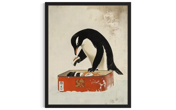Penguin Picking Sushi Japanese Style Funny Kitchen Wall Poster