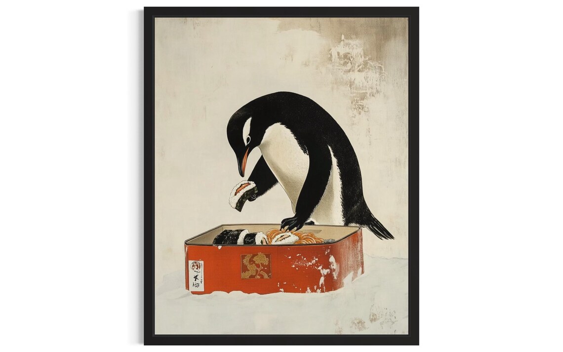 Penguin Picking Sushi Japanese Style Funny Kitchen Wall Poster