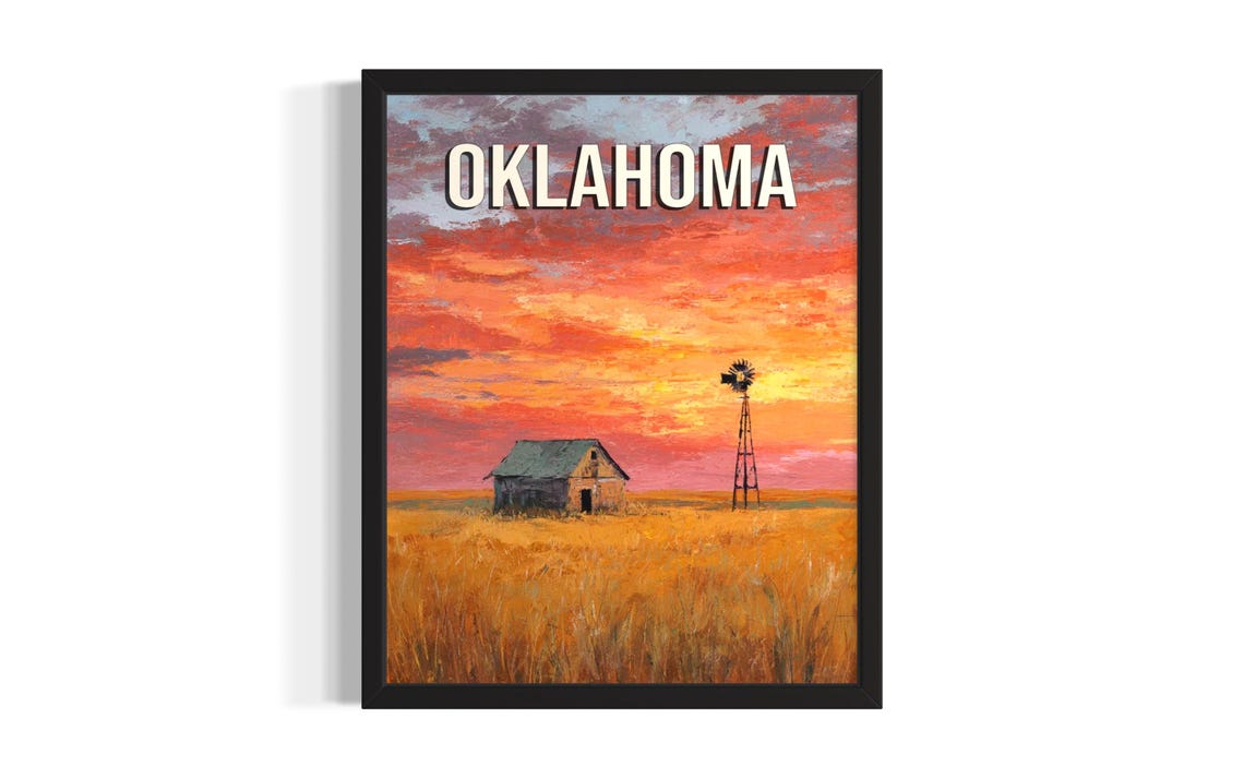 Oklahoma Old Barn Windmill Sunset Golden Prairie Field Poster