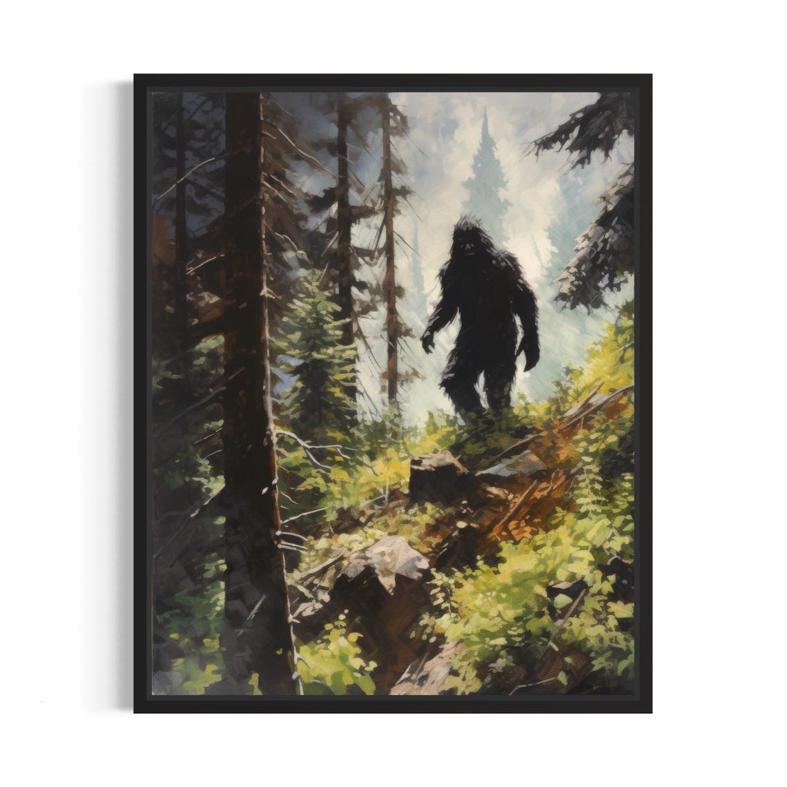 Bigfoot Walking Through Misty Pine Forest Cryptid Creature Art Poster
