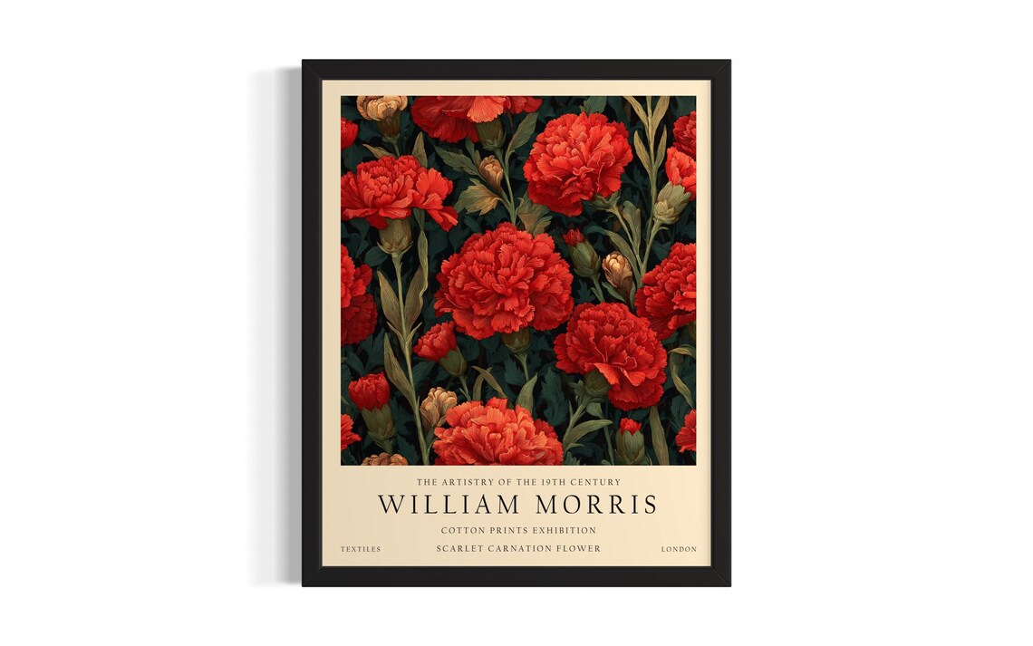 William Morris Scarlet Carnation Vintage Botanical Floral Poster