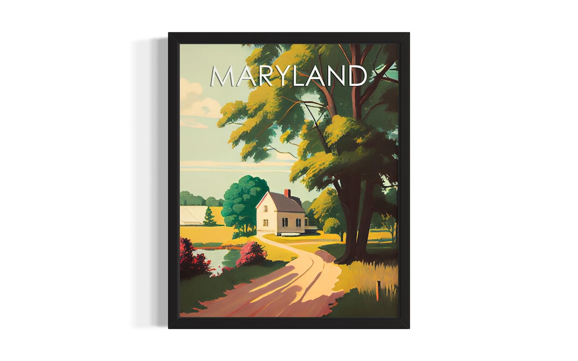 Maryland Summer Farmhouse Big Tree Pond Country Scenic Style Poster