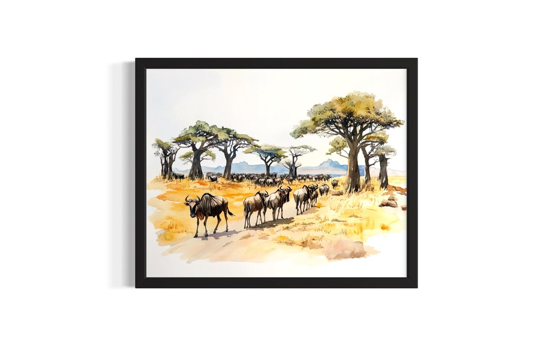 Wildebeest Herd Safari Watercolor African Savanna Migration Poster