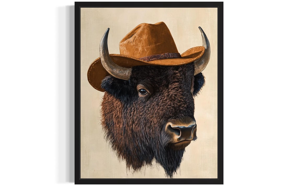 Mighty American Bison in Cowboy Hat Funny Western Wildlife Poster