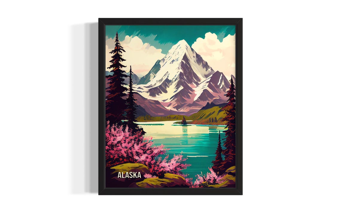 Alaska Turquoise Lake Snow Peak Spring Blossoms Travel Poster