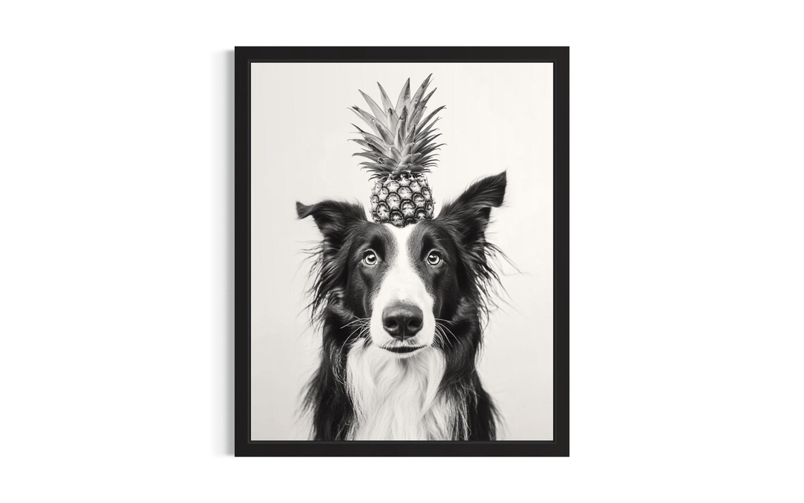 Border Collie Balancing Pineapple Black and White Kitchen Dog Poster