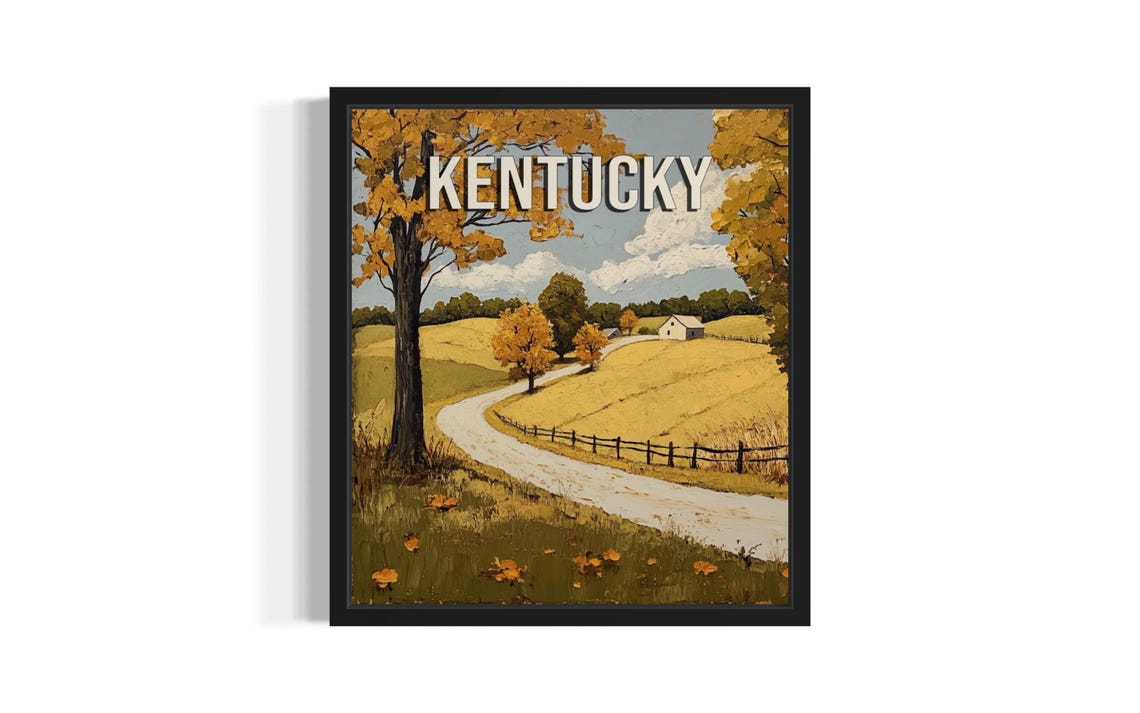 Kentucky Autumn Golden Trees Farm Road Countryside Travel Poster