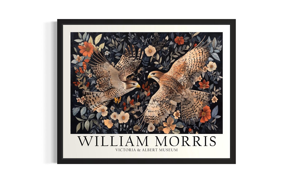 William Morris Flying Hawks Dark Floral Wildlife Garden Poster