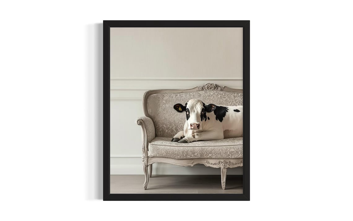 Cow Calf Lying on White Vintage Sofa Minimalist Farmhouse Art Poster