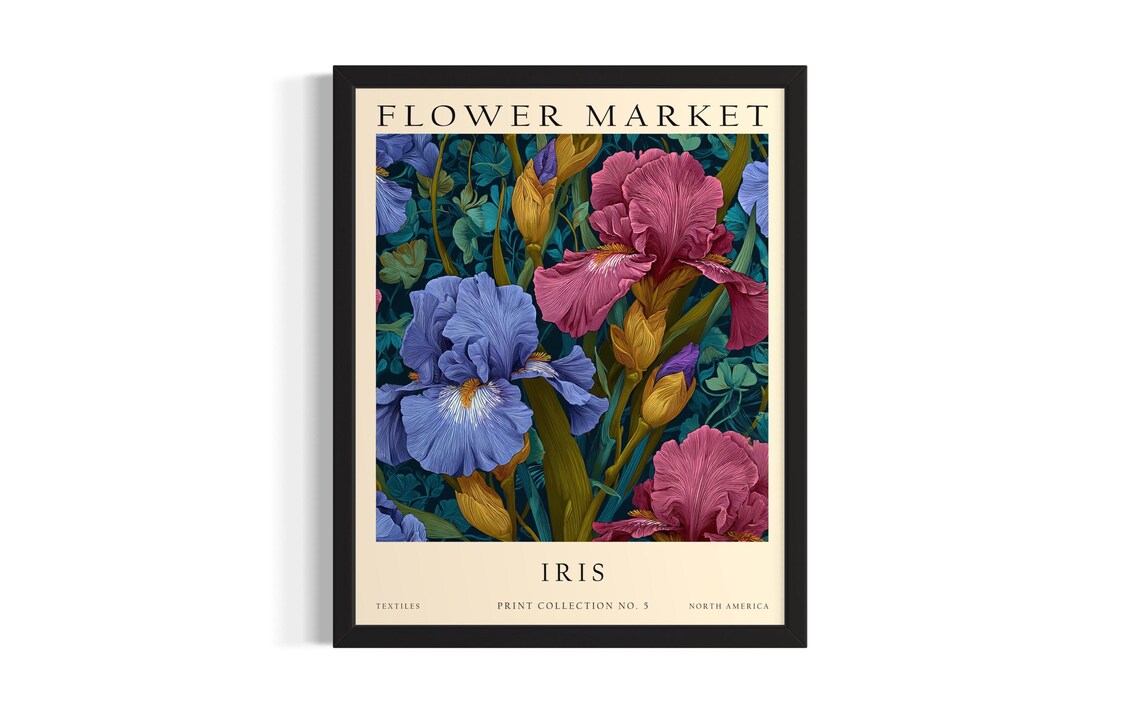 Purple Iris Flower Market Magenta Blue Vintage Botanical Poster