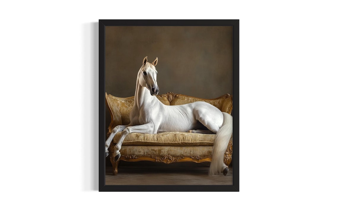 Elegant White Horse Posing on Golden Damask Sofa Fine Art Poster