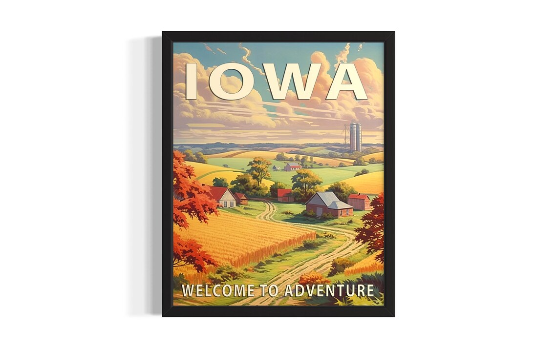 Iowa Welcome To Adventure Golden Autumn Farm Scene Travel Poster