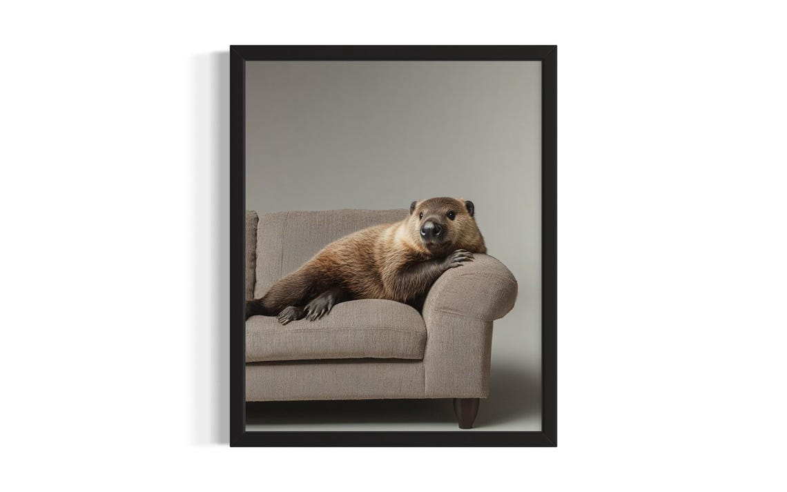 Beaver Lounging on a Beige Sofa in a Fun Whimsical Portrait Poster