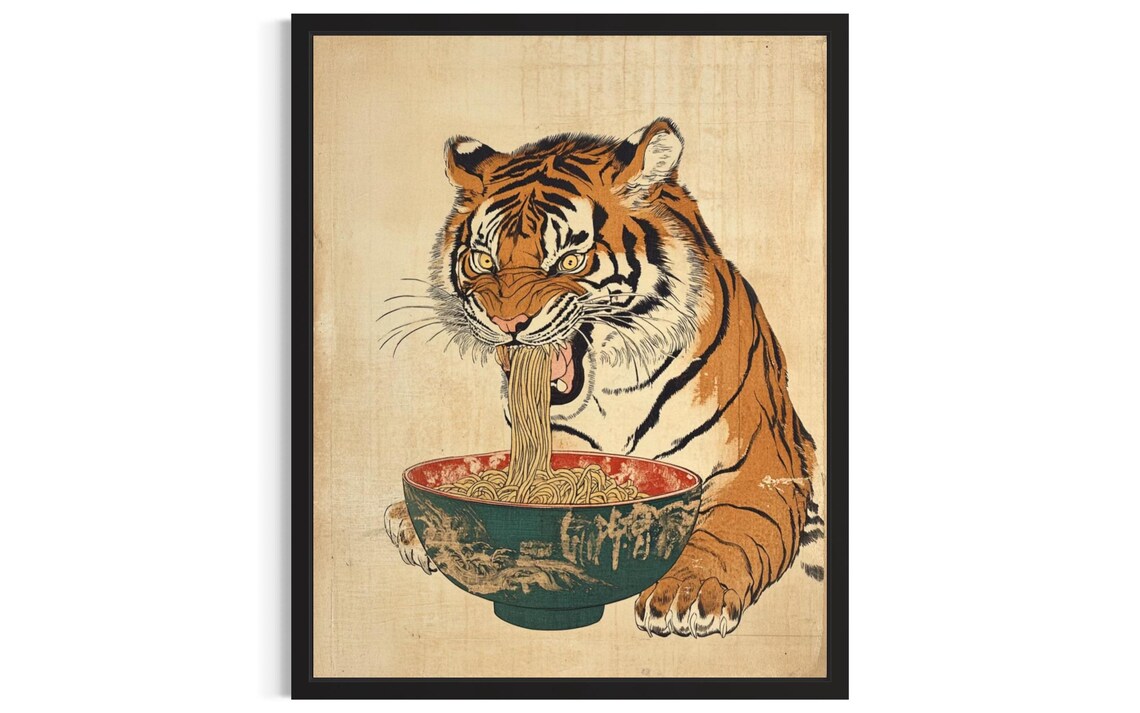 Tiger Eating Noodles Japanese Woodblock Style Fun Animal Poster Art