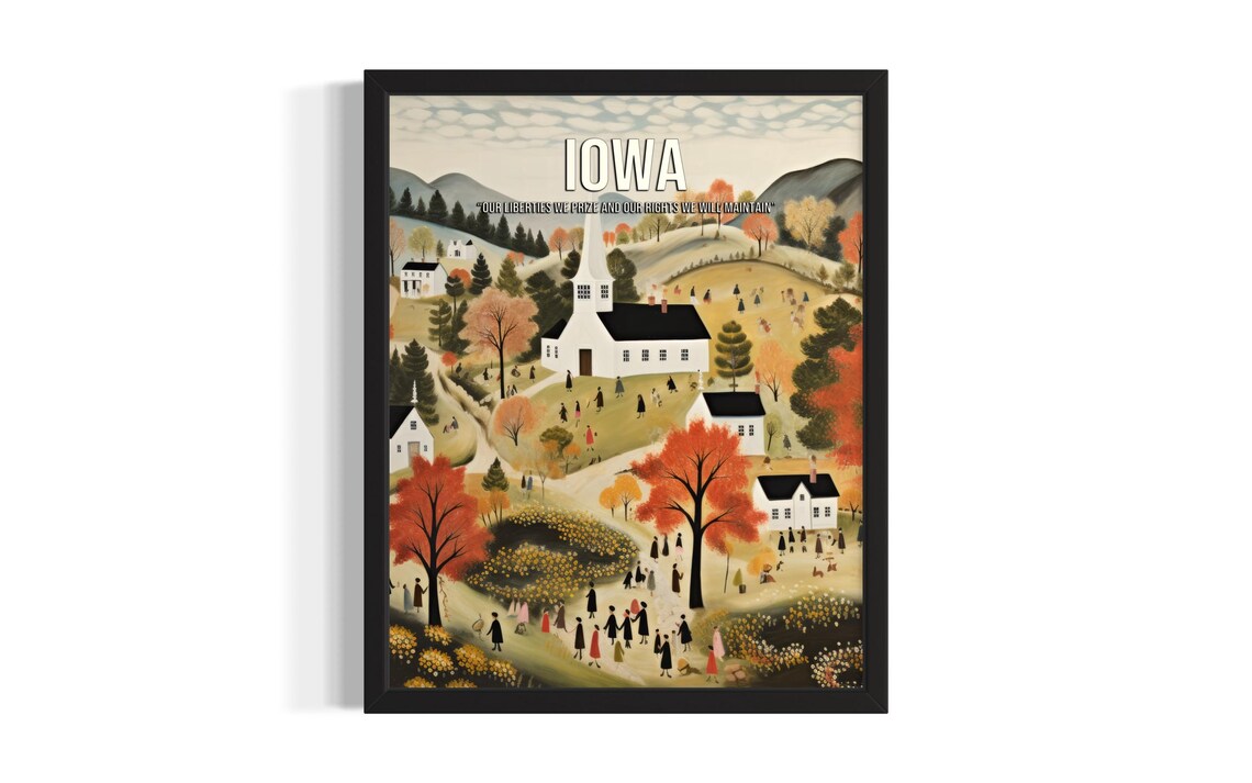Iowa Autumn Village Church Folk Art Liberty Motto Travel Poster