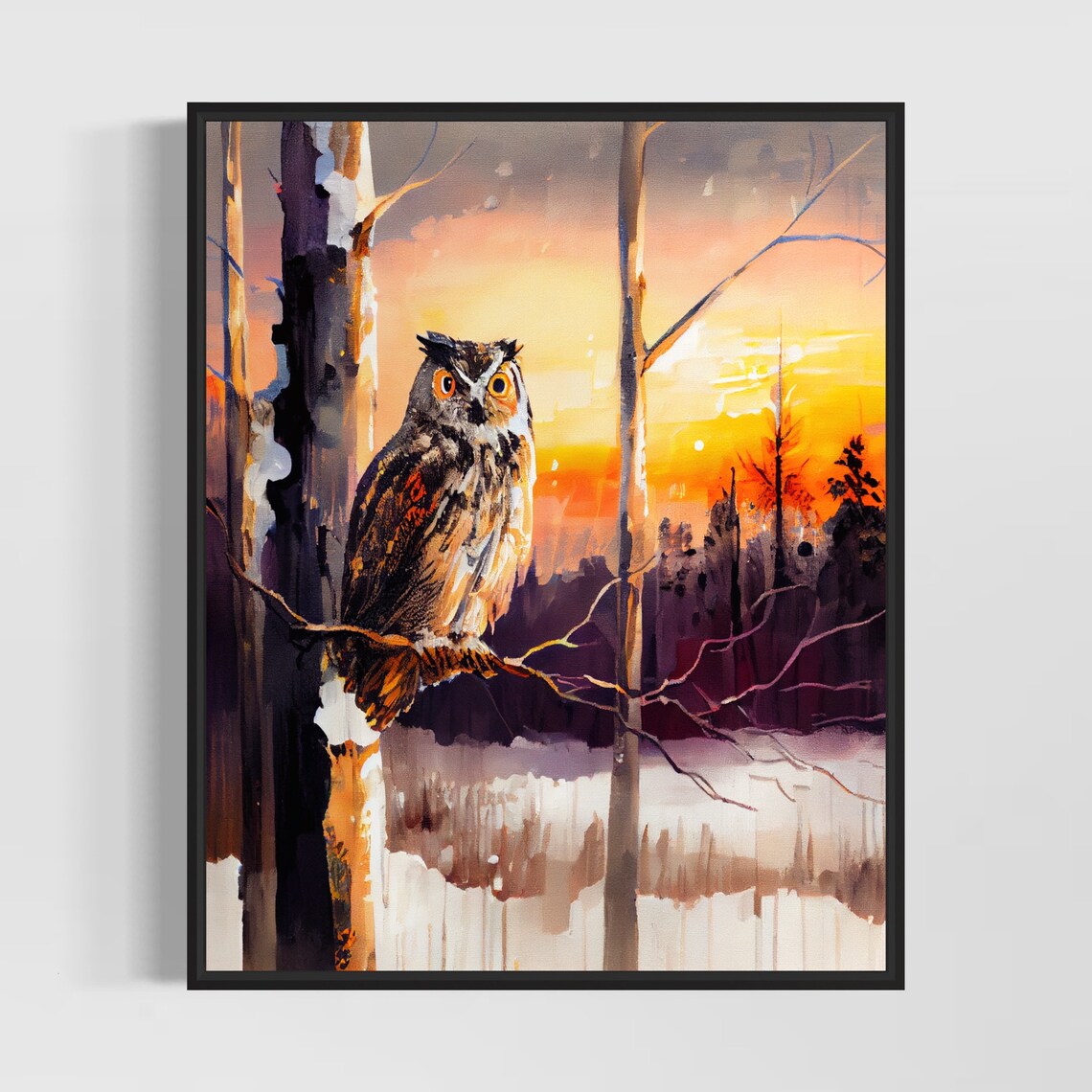 Watchful Owl Beneath Blazing Sunset Winter Watercolor Poster
