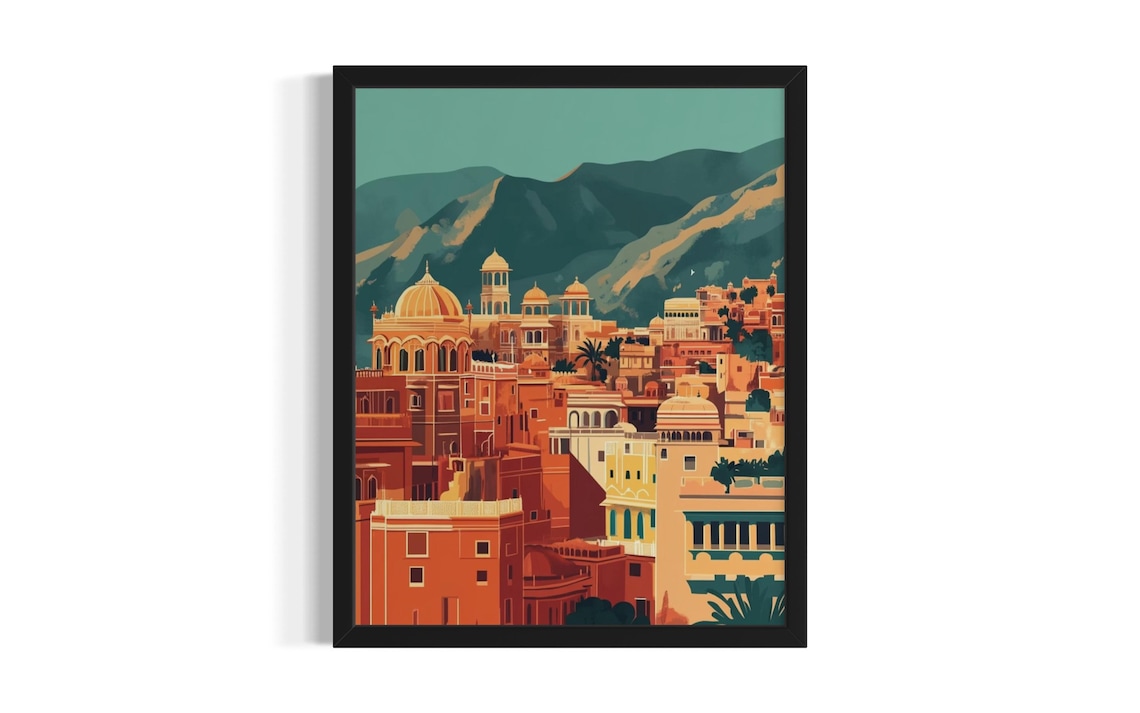 Jaipur India Pink City Palaces Mountain Sunset Travel Art Poster