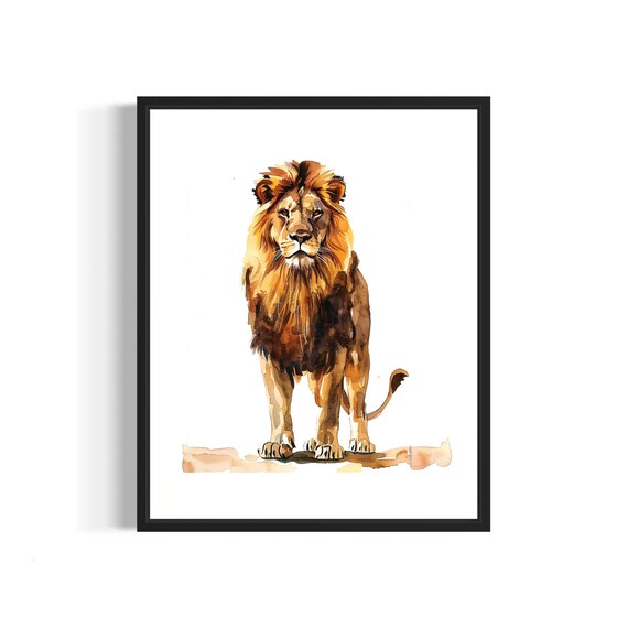 Regal Male Lion With a Full Flowing Mane Watercolor Portrait Poster