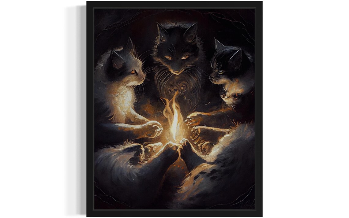 Cats Gathered Around a Glowing Campfire at Night Dark Art Poster