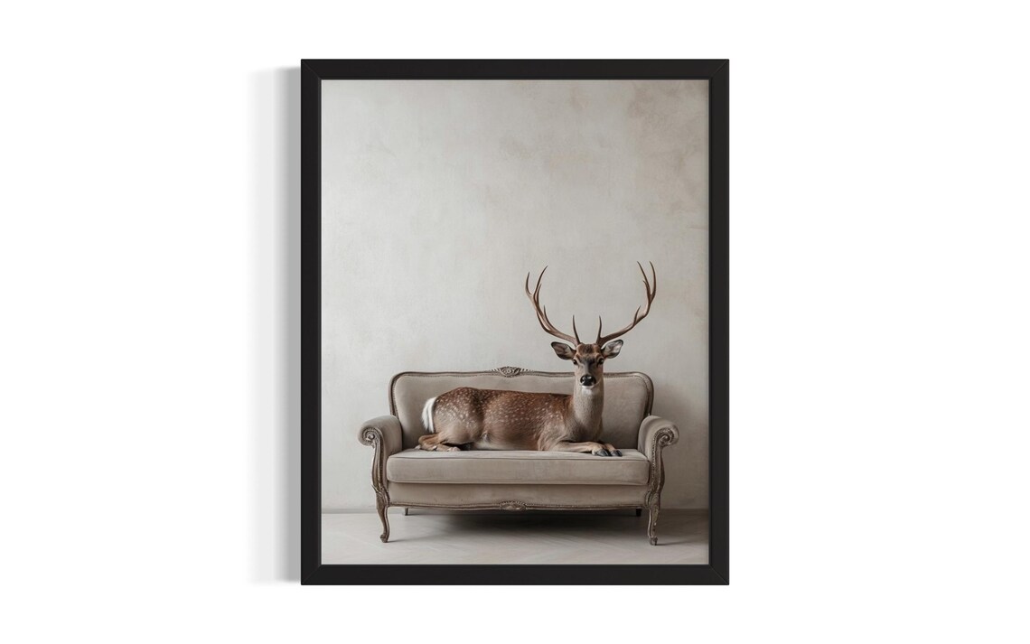 Majestic Wild Stag Deer Resting on Vintage Beige Sofa Poster