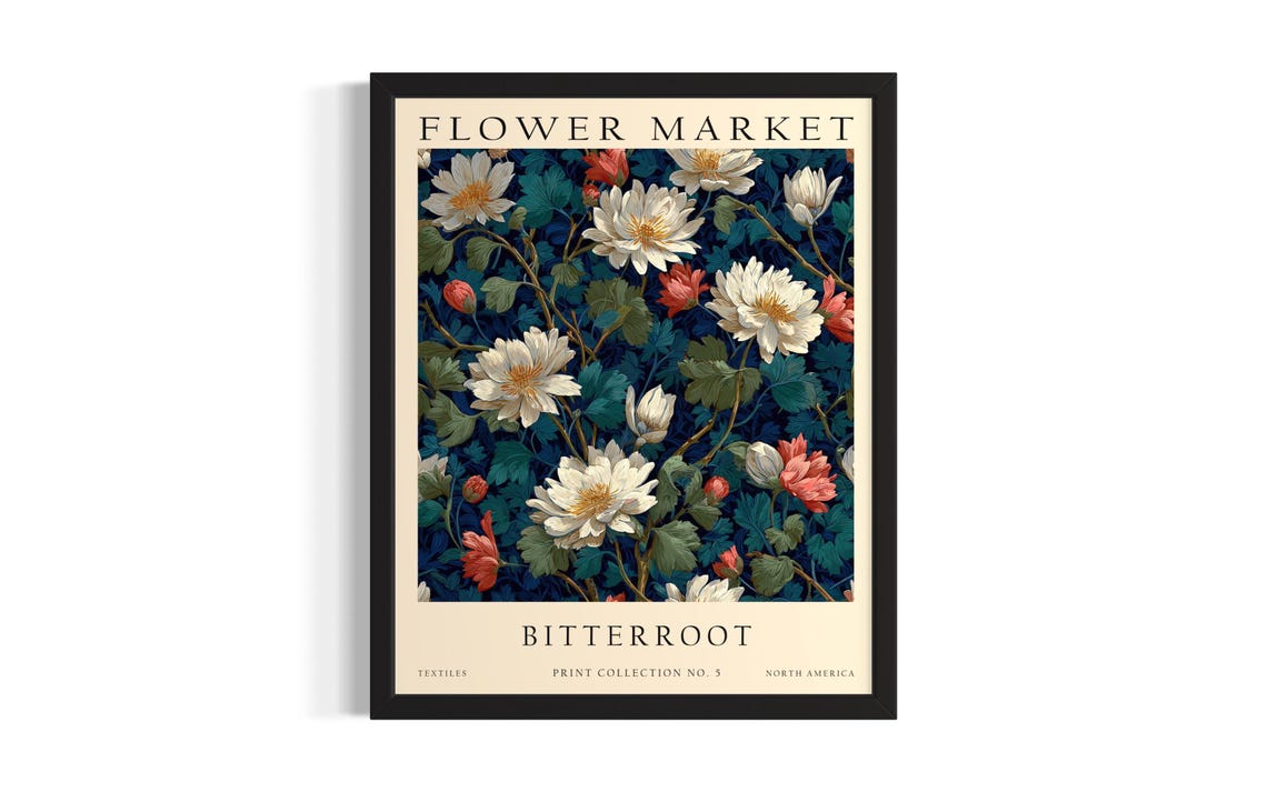 Bitterroot Flower Market Vintage White Botanical Wall Poster