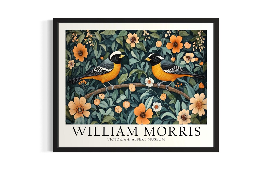 William Morris Orioles Pair Orange Floral Songbird Garden Poster
