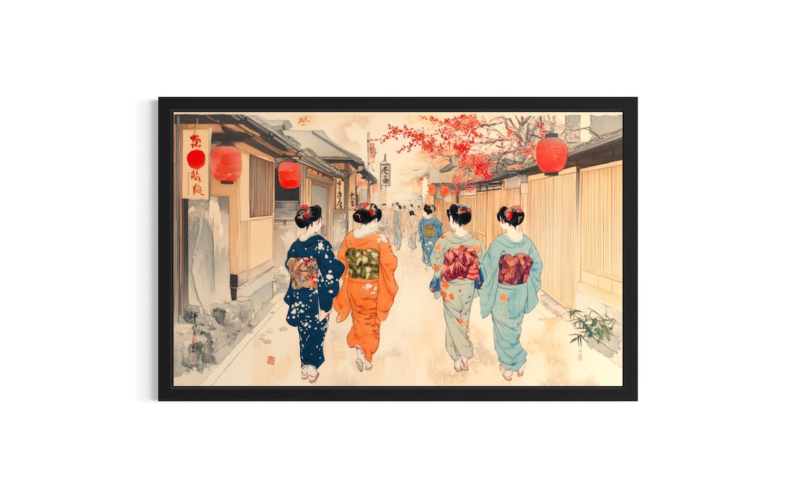 Kimono Women Walking a Lantern Lit Japanese Street at Dusk Poster