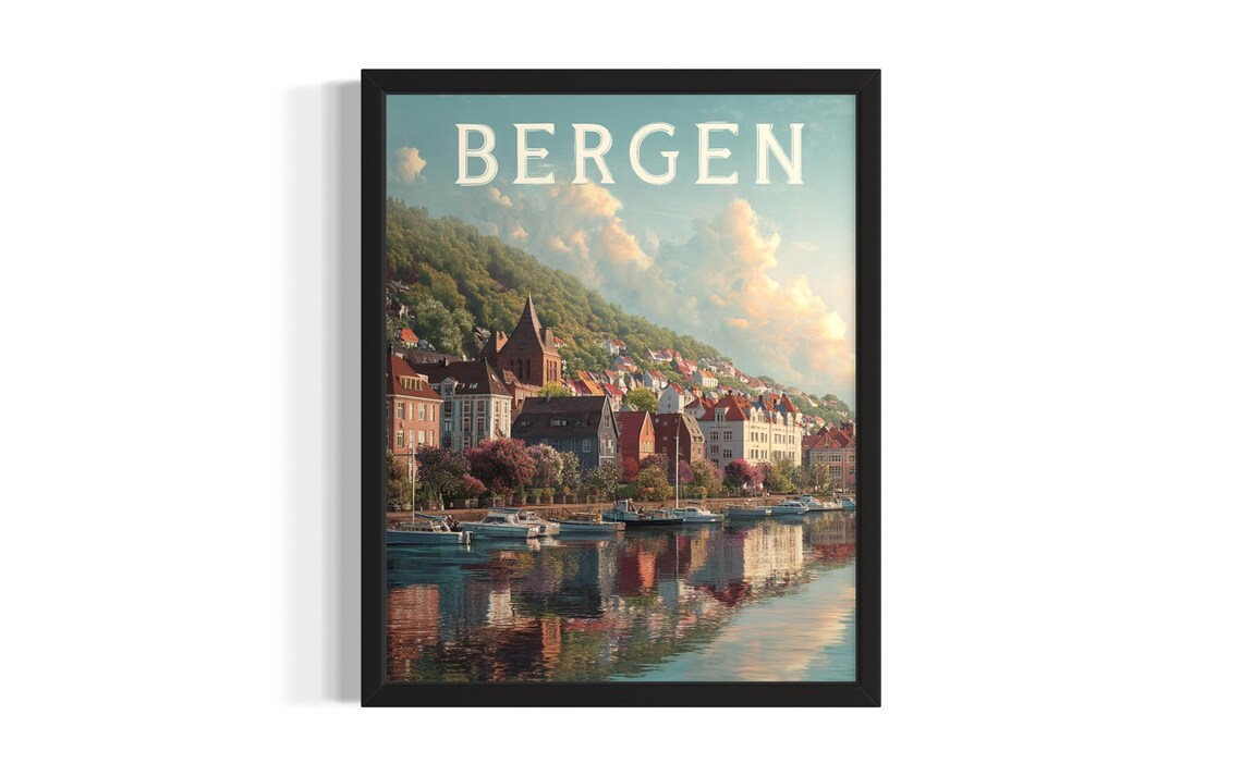 Bergen Norway Harbor with Colorful Waterfront Houses Travel Poster