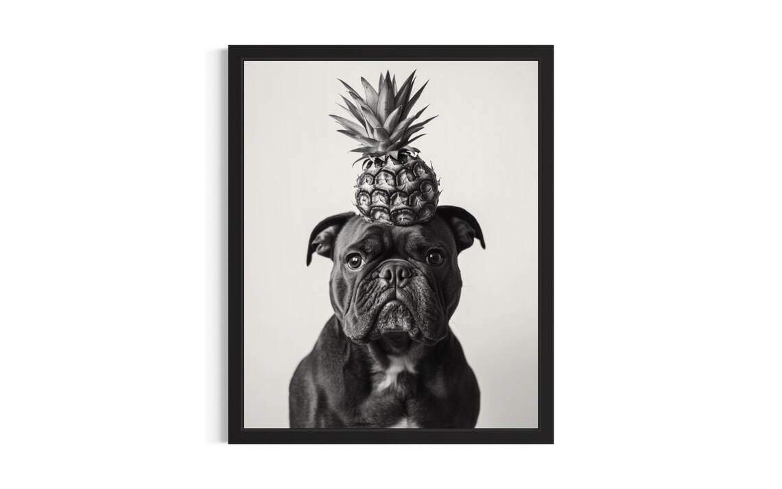 Black Bulldog Balancing Pineapple Black And White Dog Portrait Poster