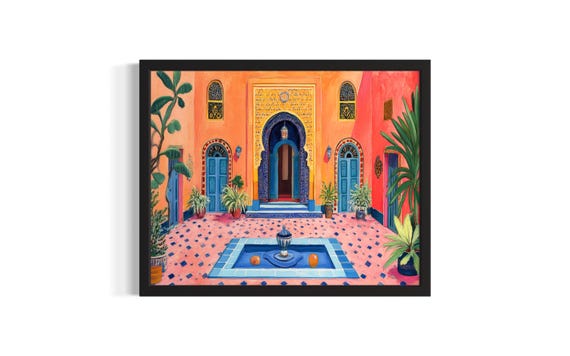 Marrakech Riad Landscape Poster Art Print Living Room Wall Original Painting Artwork Decor