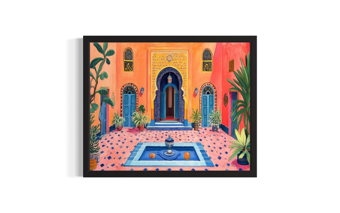 Moroccan Riad Courtyard Blue Tiles Fountain Marrakech Poster