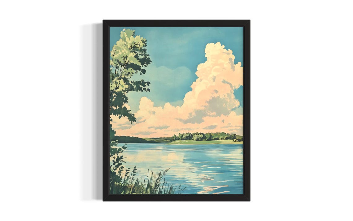 Minnesota Tranquil Lake Soft Clouds Shoreline Painting Poster
