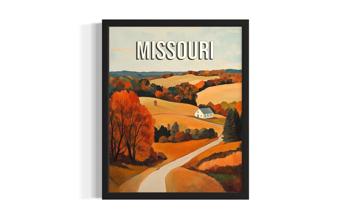 Missouri Autumn Rolling Hills Farmhouse Fall Foliage Travel Poster