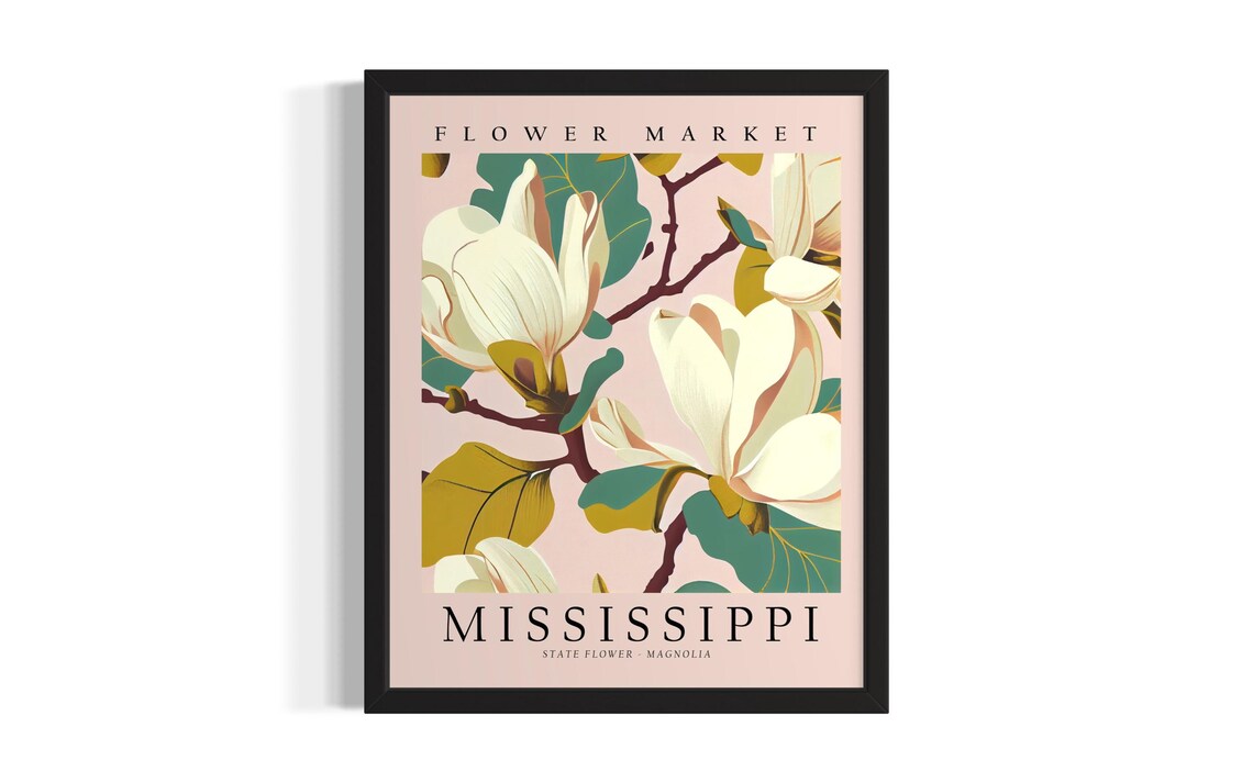 Mississippi Magnolia State Flower Market Botanical Retro Poster