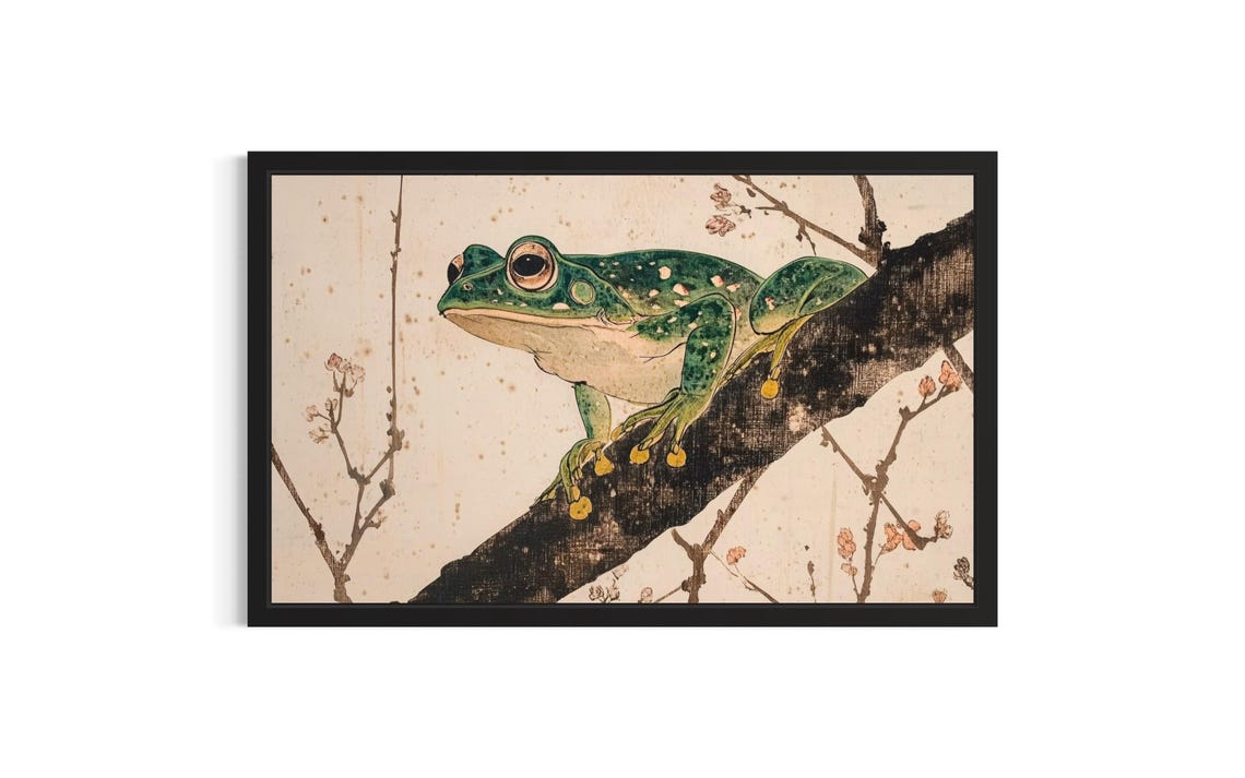 Green Tree Frog Perched on a Blossom Branch Japanese Style Poster