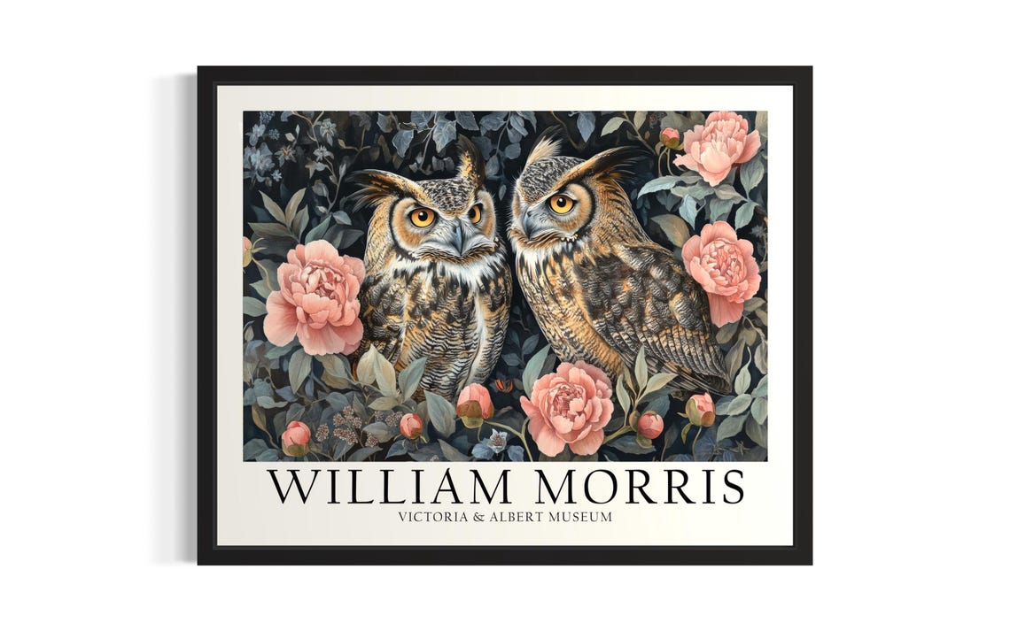 William Morris Great Horned Owls With Pink Peonies Botanical Poster
