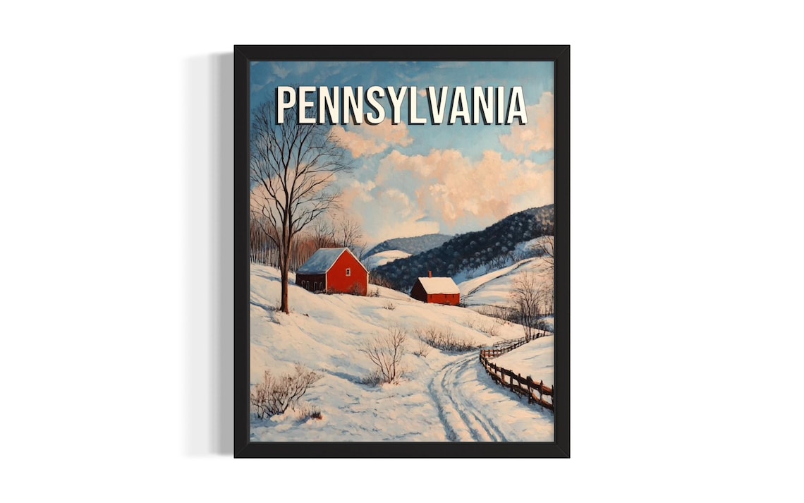 Pennsylvania Winter Snow Red Barns Farm Valley Snowy Scene Poster