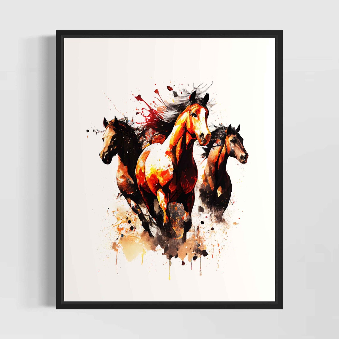 Three Galloping Horses Fiery Red Orange Watercolor Equestrian Poster
