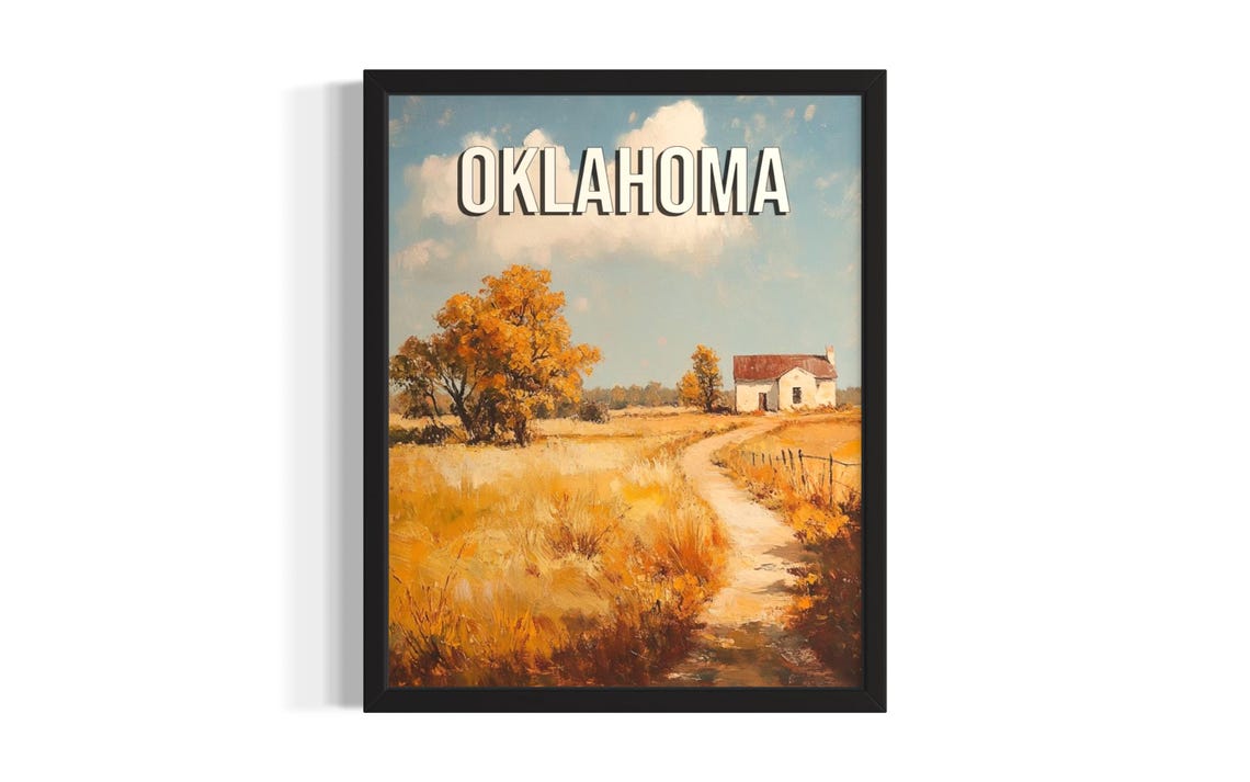Oklahoma Farmhouse Autumn Path Golden Prairie Trees View Poster