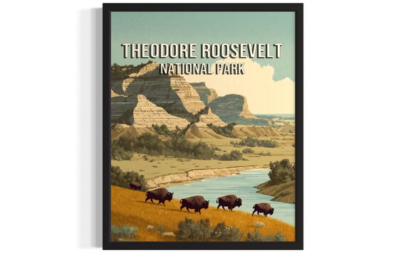 Theodore Roosevelt National Park Bison Herd Badlands Vintage Poster