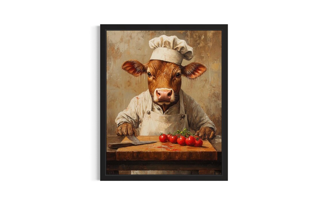 Cow Chef Oil Painting Portrait Farm Kitchen Wall Decor Poster