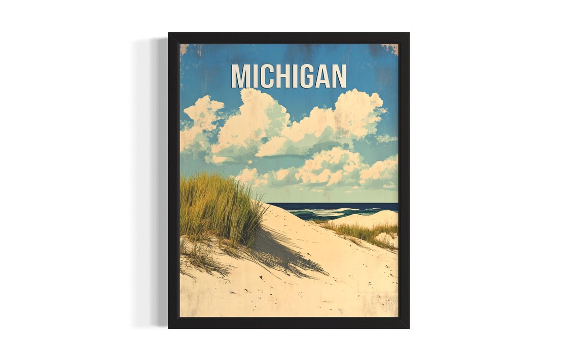Michigan Sand Dunes Lake Shore Beach Grass Clouds Scenic Style Poster