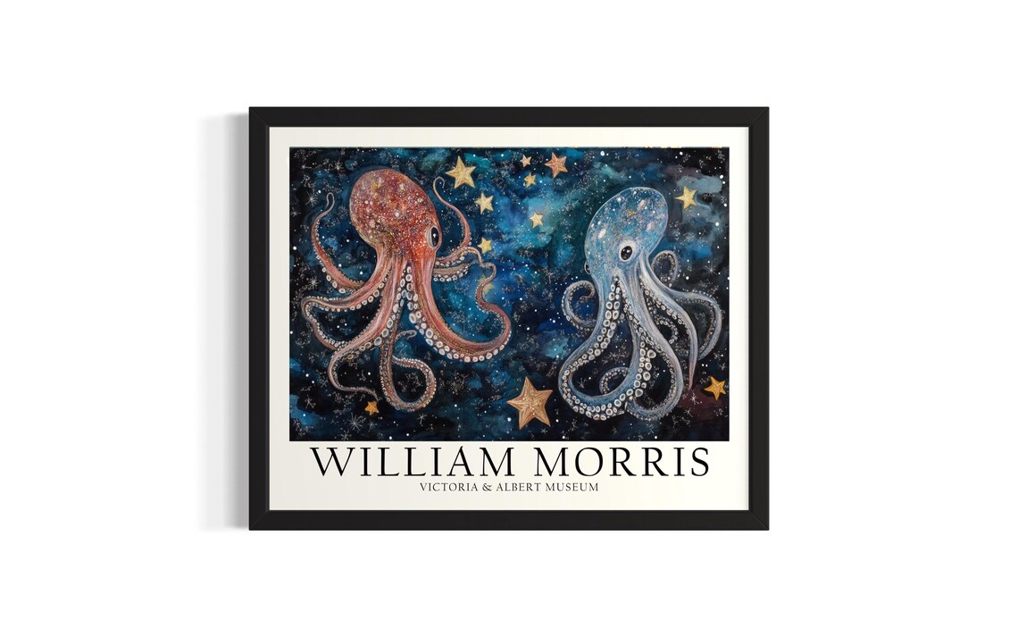 Two Small Octopuses Among Gold Stars William Morris Style Art Poster