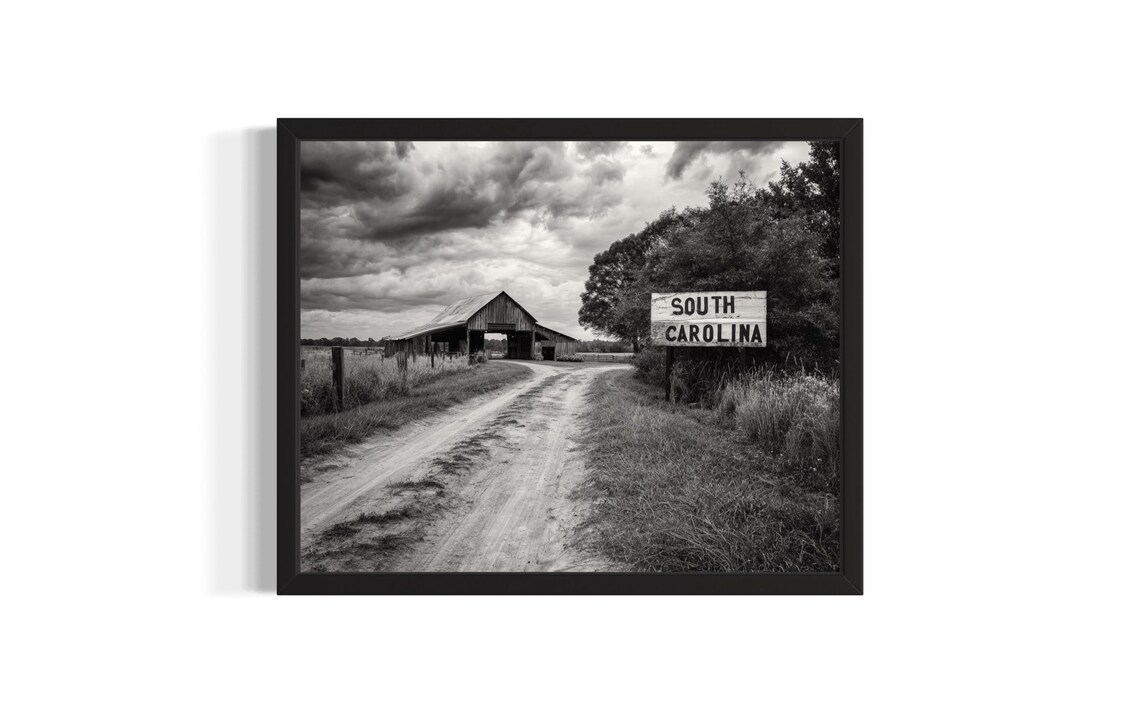 South Carolina Vintage Black And White Country Road Barn Poster