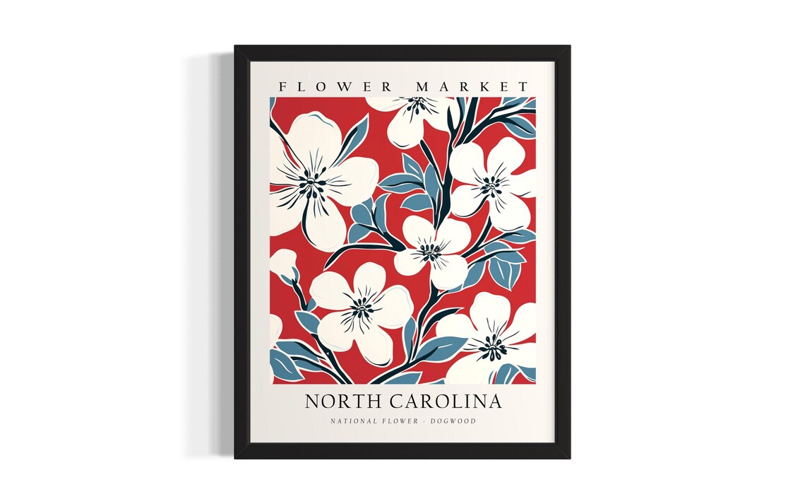 North Carolina Dogwood Flower Market Botanical Red Art Poster