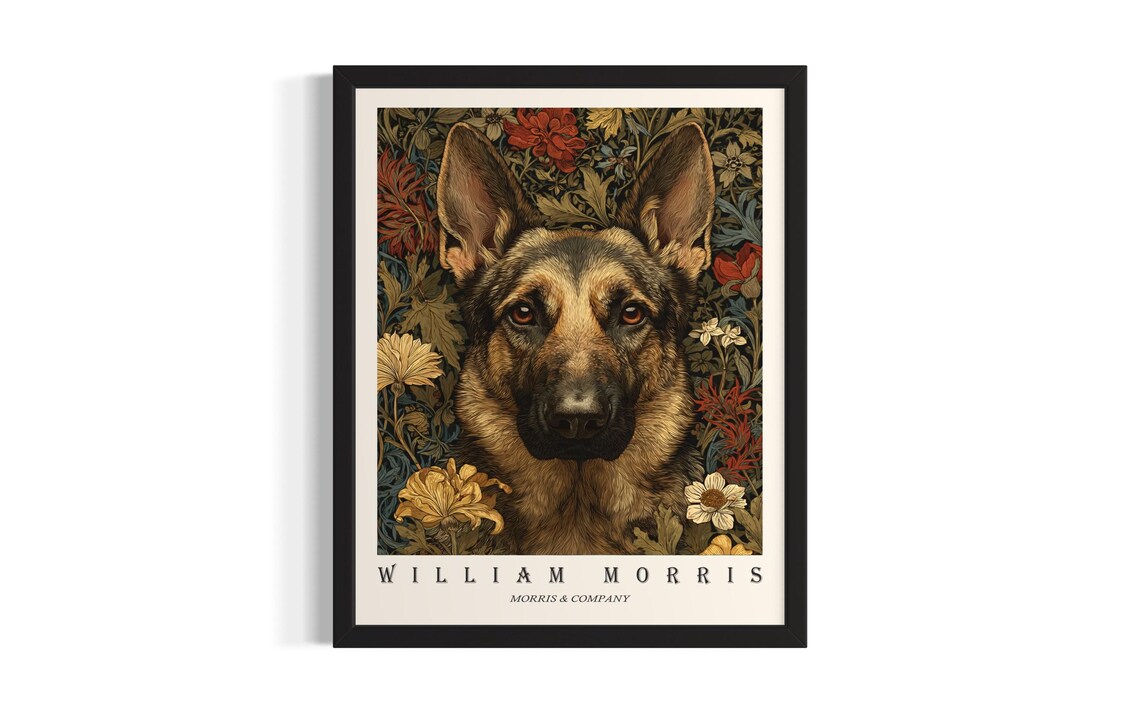 German Shepherd William Morris Botanical Floral Dog Portrait Poster