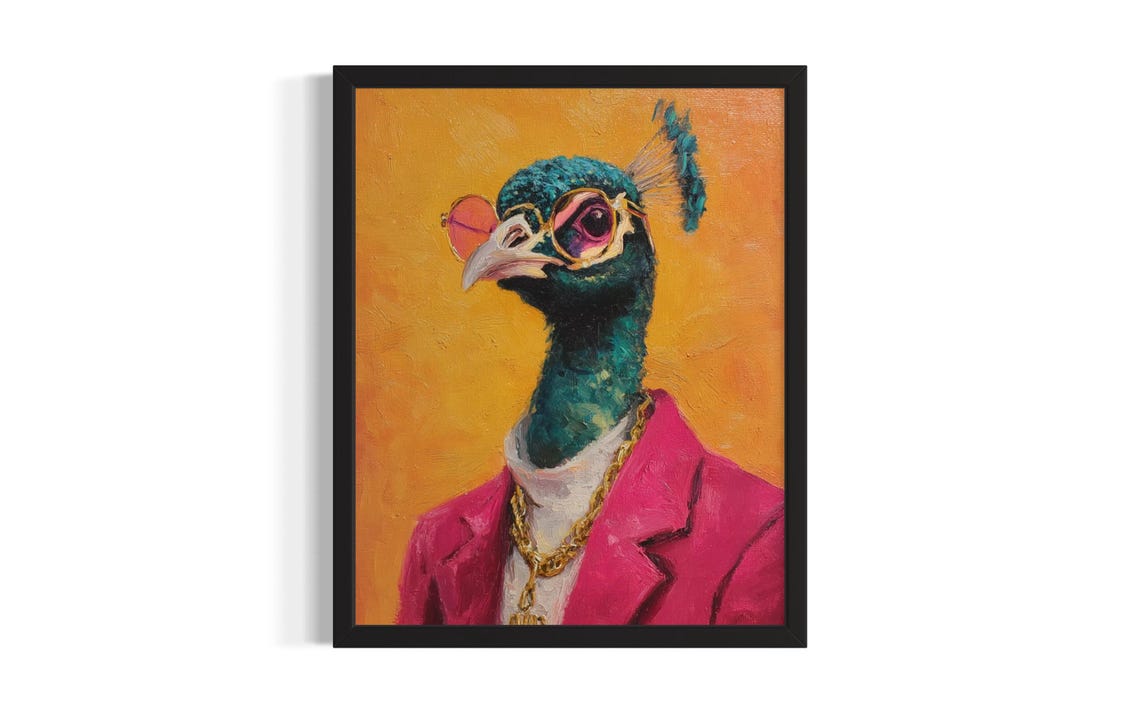 Funky Peacock in Pink Suit with Round Glasses and Gold Chain Poster