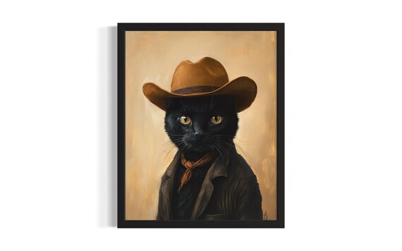 Black Cat in a Cowboy Hat Moody Western Oil Painting Portrait Poster